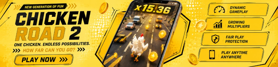 Chicken Road 2 mobile gameplay banner with dynamic action, growing multipliers and yellow road style
